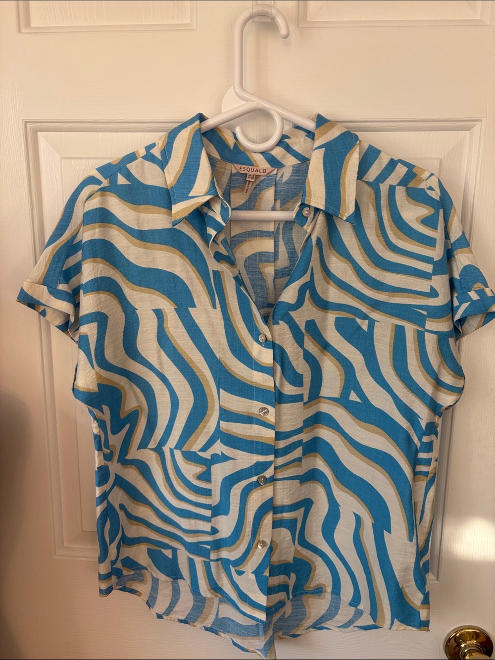 ESQUALO Teal-Blue & Cream Wavy Short-Sleeve Button-Up